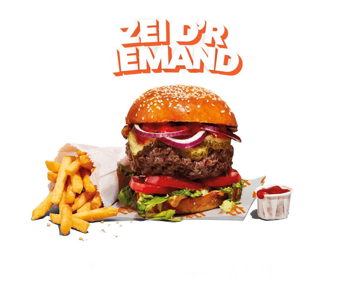 Afbeelding van Zei d'r iemand boven een burger met friet en ketchup op een oranje achtergrond met daaronder een Thuisbezorgd.nl-logo