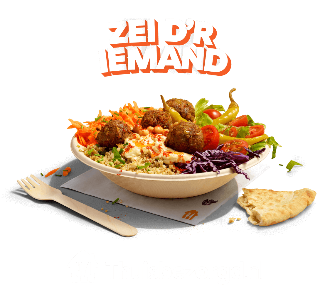 Afbeelding van Zei d'r iemand boven een kom falafel met groenten op een oranje achtergrond met daaronder een Thuisbezorgd.nl-logo