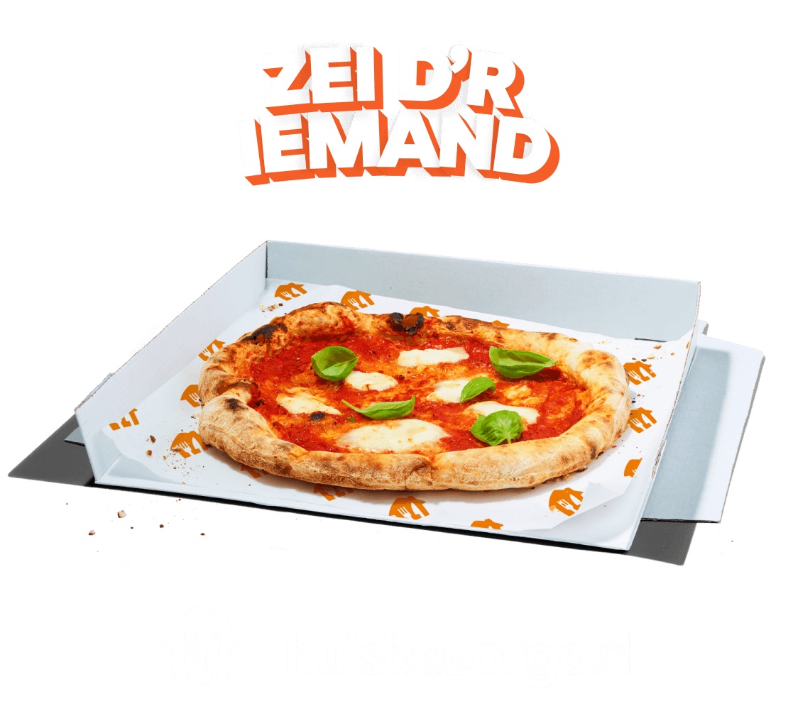 Afbeelding van Zei d'r iemand boven een pizza op een oranje achtergrond met daaronder een Thuisbezorgd.nl-logo
